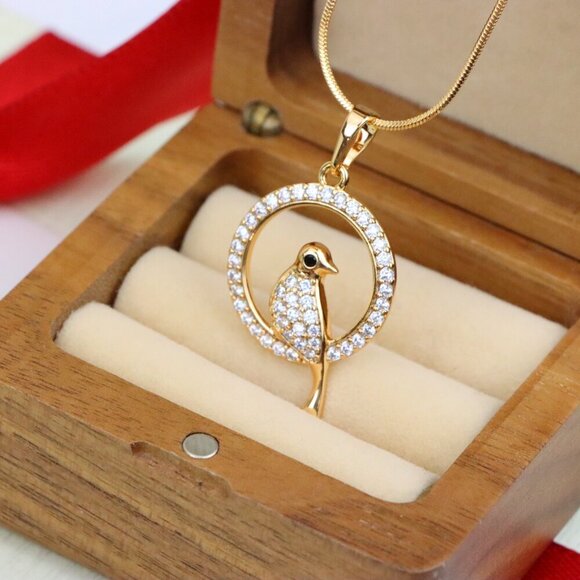 "Rose Gold Bird Pendant with Sparkling Crystals in Circular Frame, XPPT1525 - Picture 7 of 13